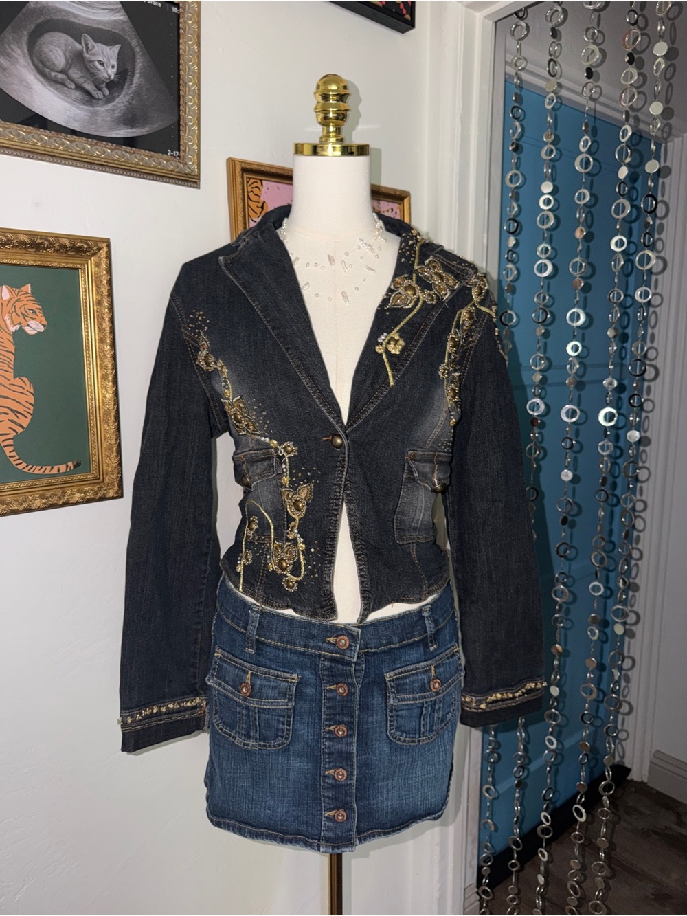 Vintage Y2K Embellished Black Denim Blazer with Gold Embroidery